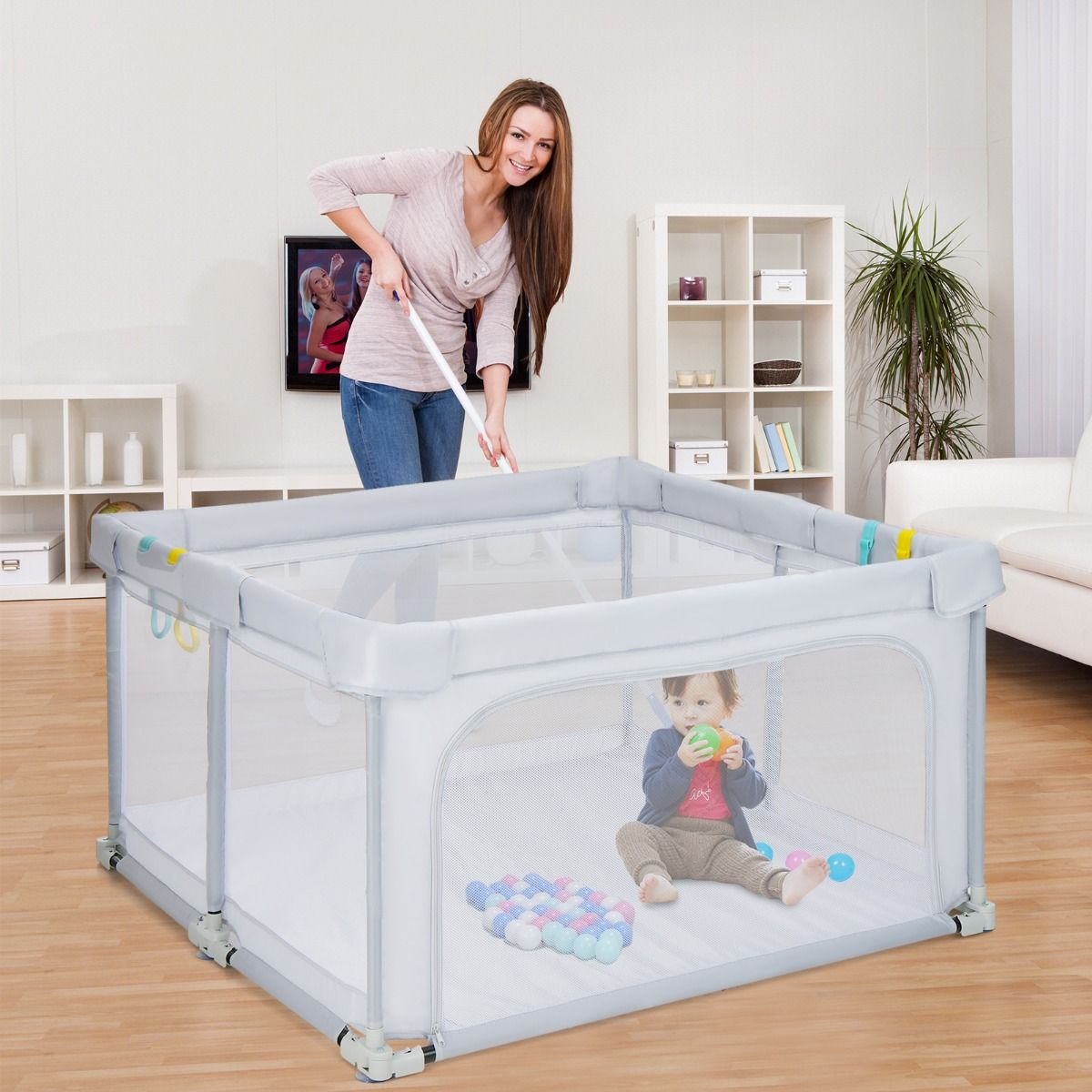 Coast Baby Box pliable 124x124x70 cm Gris avec 50 boules Ocean et 4 poignées - Tissu Oxford, maille respirante