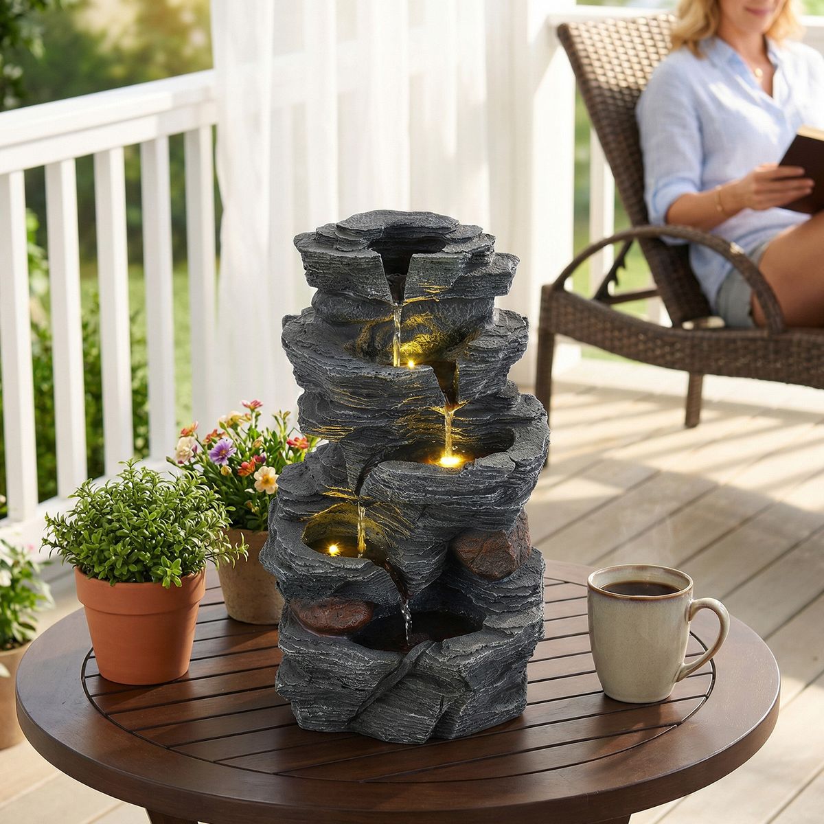 Fontaine de table Coast - cascade à 5 niveaux - éclairage LED - noir - 27 x 20,5 x 45,5 cm
