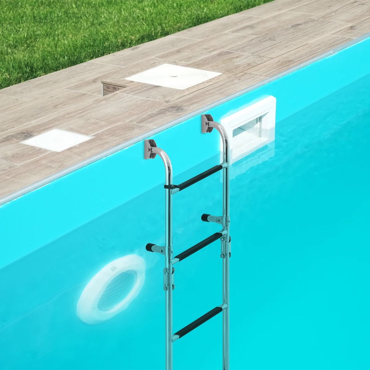 Escalier de piscine Coast avec 4 marches, pliable, acier inoxydable, 90 x 27,5 x 13 cm, argenté