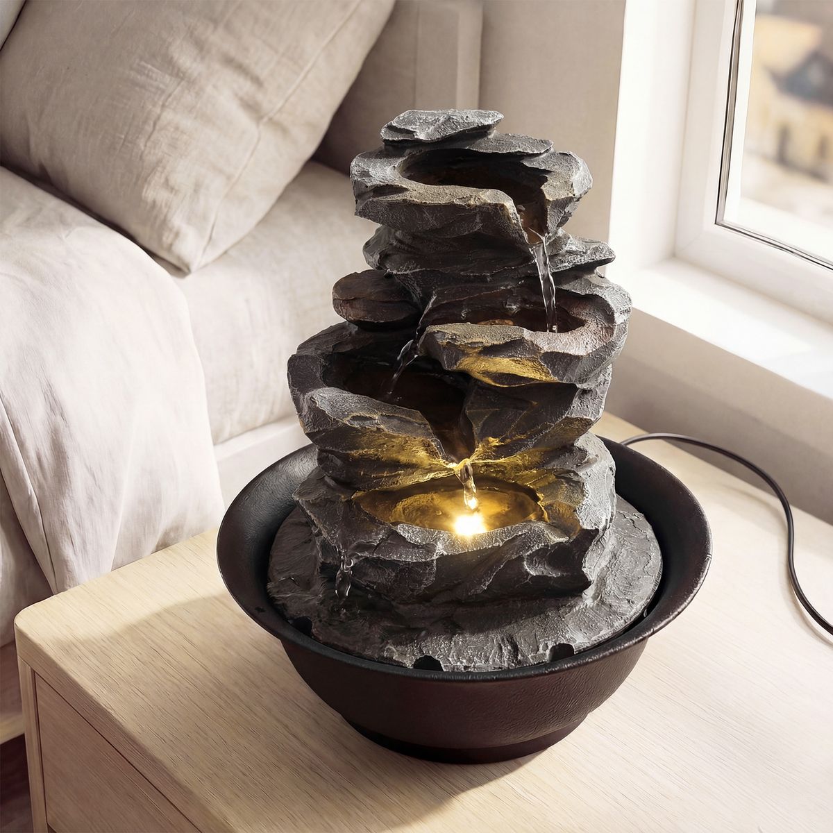 Fontaine de table Coast - cascade aspect rocheux - éclairage LED - noir - 21,5 x 26 cm