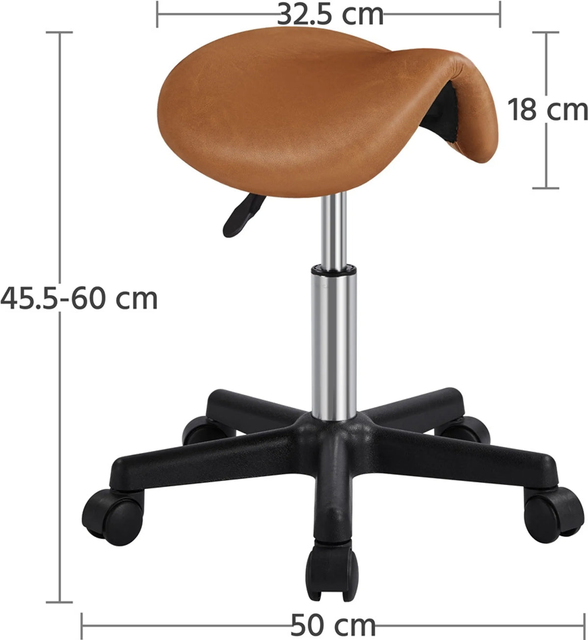 Yaheetech Tabouret de selle ergonomique - équipé d'un élévateur à gaz SGS réglable en hauteur et de roues en nylon pivotantes à 360° et d'une base chromée - pour salon de coiffure et cabinet - cuir synthétique PU marron rétro et métal - 50 x 50 x 45,5-60