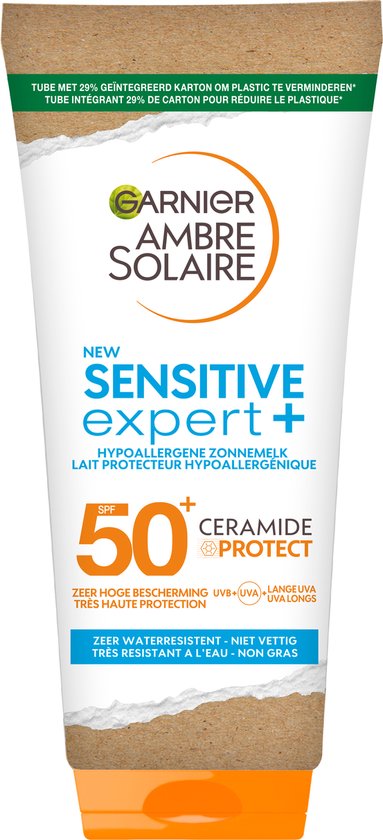 Garnier Ambre Solaire Sensitive Expert+ SPF50+ - Lait solaire hypoallergénique pour peaux sensibles avec Ceramide Protect - 175 ml