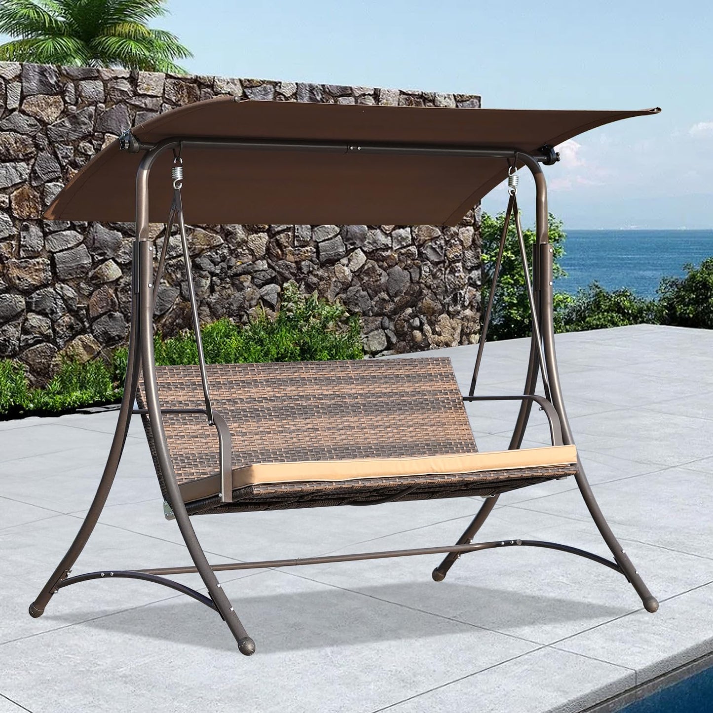 Angel Living - Balançoire Hollywood - Balançoire de jardin en rotin 3 places - Auvent réglable - Marron - 170 x 110 x 152 cm