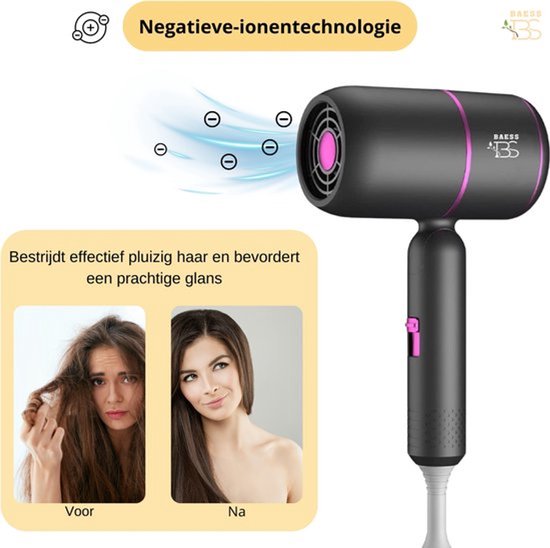 BAESS Sèche-cheveux avec diffuseur - Sèche-cheveux de voyage pliable - Sèche-cheveux ionique - 2000W - Coolshot - Boucles - Sèche-cheveux - Sèche-cheveux - Gris