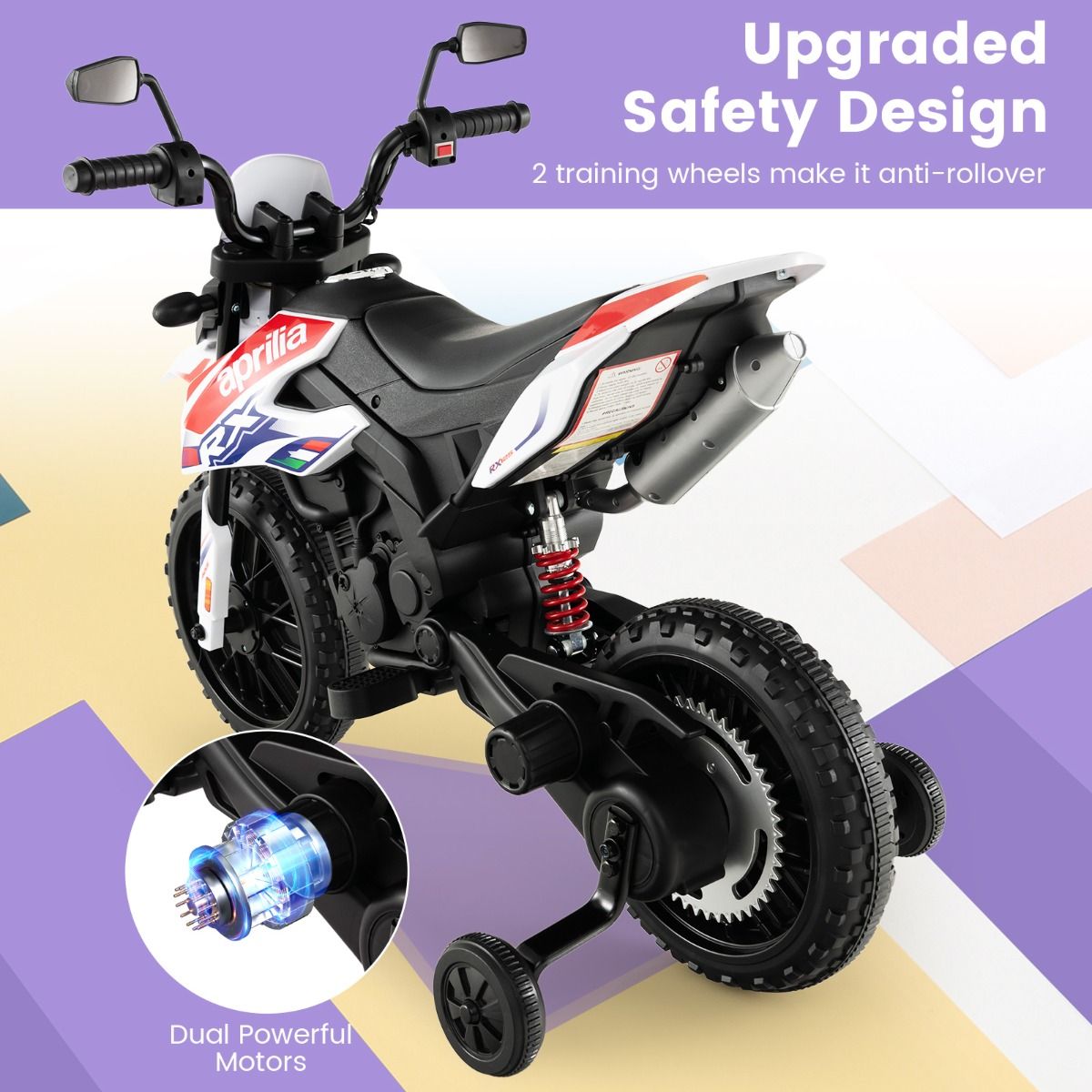 Coast Toy Motorbike for Kids - 2 roues latérales - Fonction musicale - 106.5 x 56 x 80 cm - Bleu/Blanc