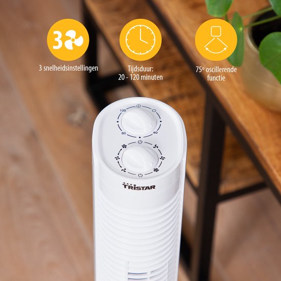 Ventilateur colonne Tristar – Minuterie jusqu'à 120 min – Oscillation – 3 vitesses – Silencieux et compact – VE‑5900 – Blanc