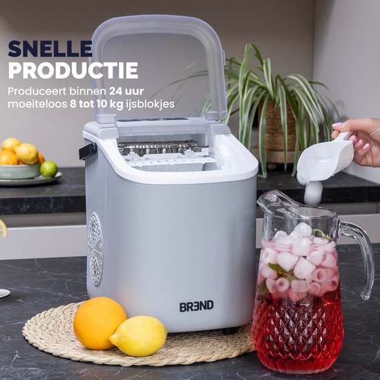 BREND BR-2213 Machine à glaçons avec cuillère et plateau d'égouttage - Grands L ou petits S glaçons - Machine à glaçons portable - 10 kg en 24 heures - Gris