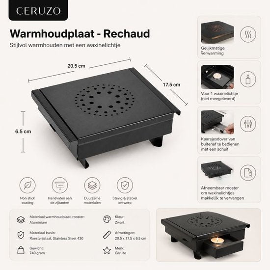 Plateau chauffant Ceruzo Compact – Réchaud – 1 bougie chauffe-plat – Noir