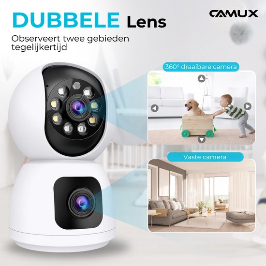 Caméra de sécurité - Camux - Double objectif - Communication audio - Vision nocturne - Blanc