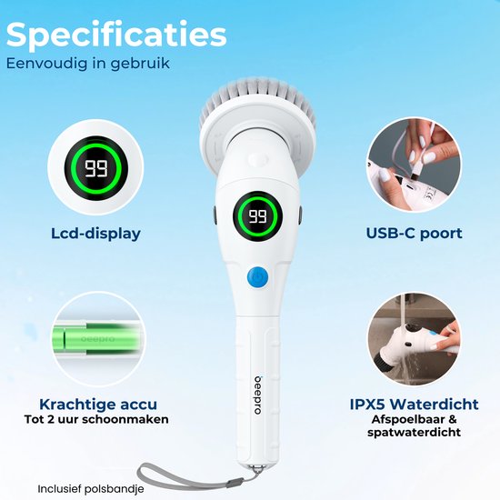 Beepro - Brosse de nettoyage électrique - Brosse avec manche - 10 accessoires