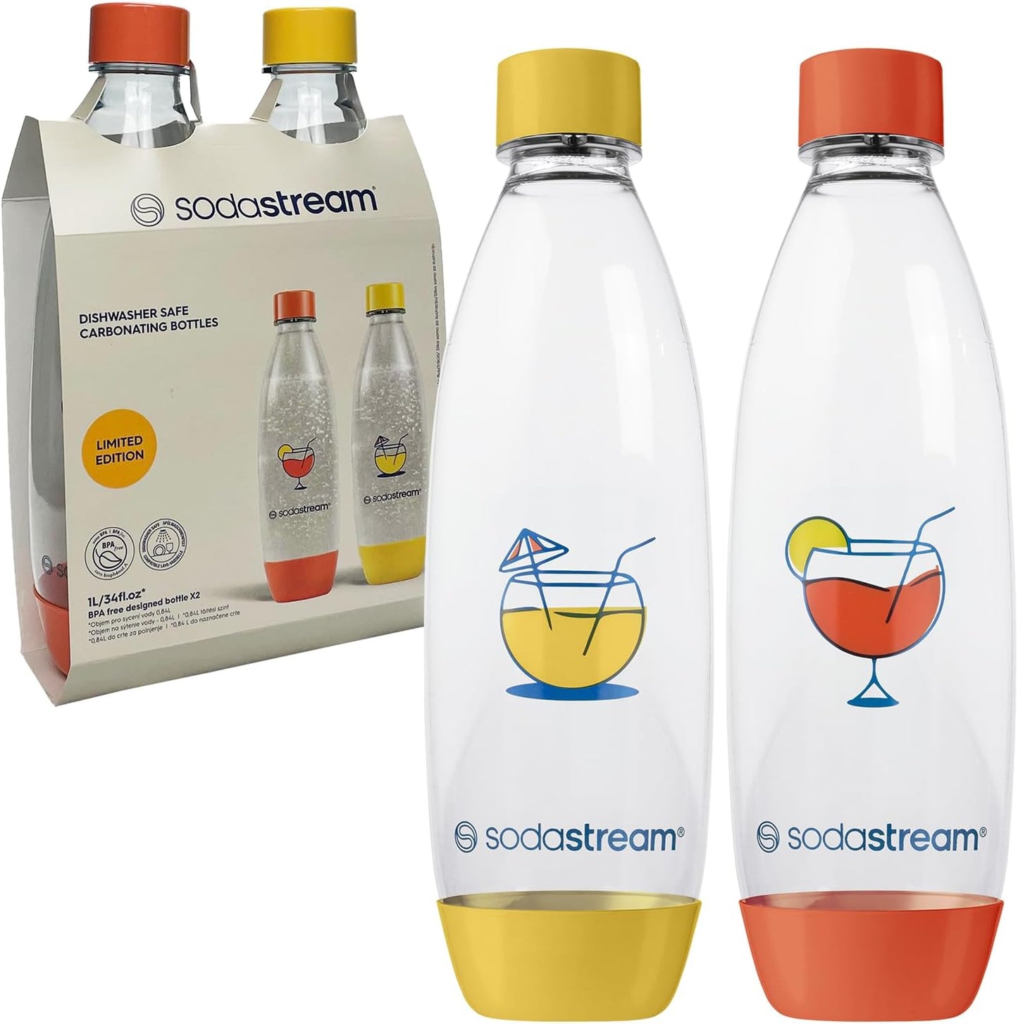 Bouteilles d'eau gazeuse Sodastream Fuse - Lot de 2 - 1 litre par bouteille - Colorées - Lavables au lave-vaisselle