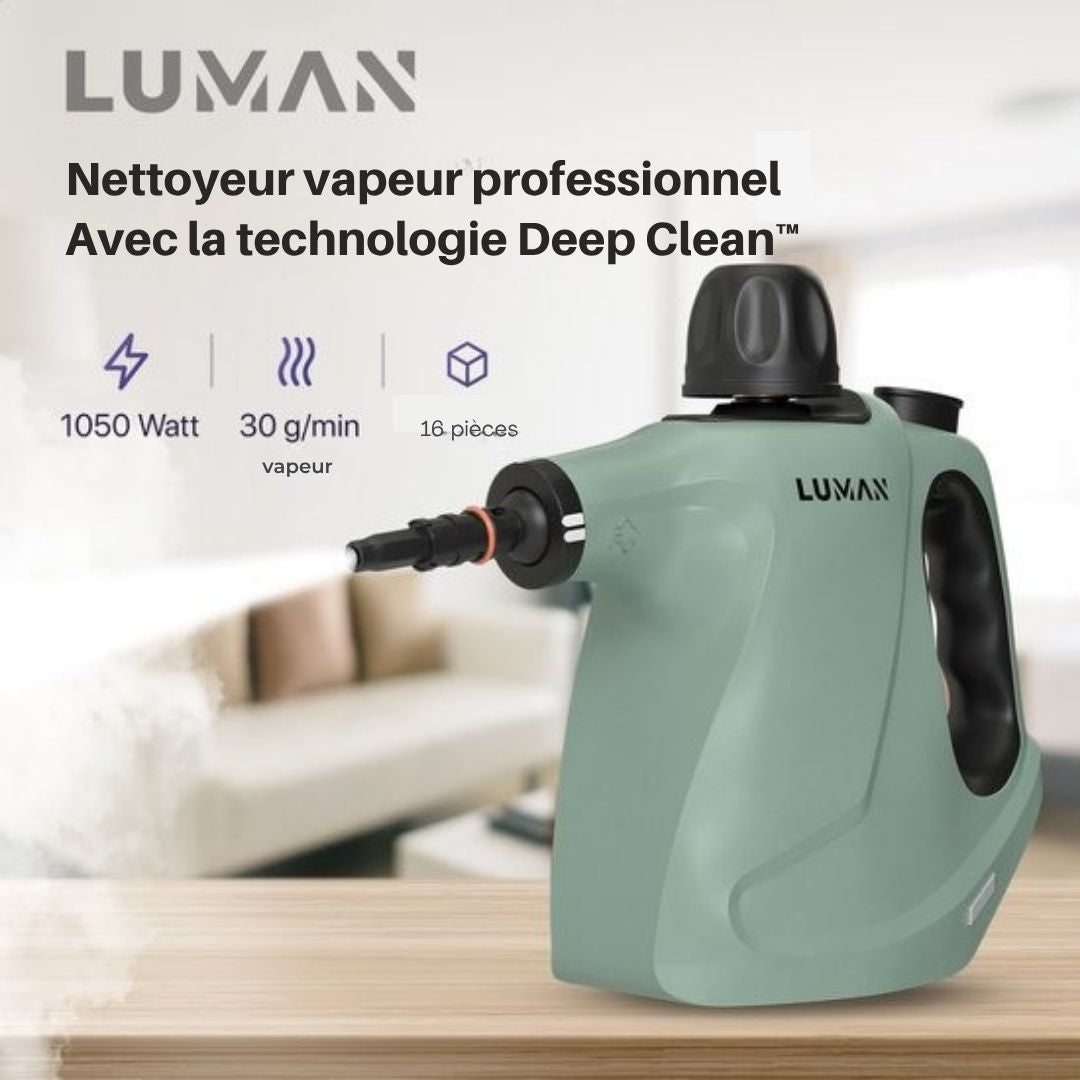 Nettoyeur vapeur portatif - Luman - 1050W - Réservoir 450 ml - Pression 0,26 à 0,32 MPa - Fonction vapeur continue - 16 accessoires - Vert