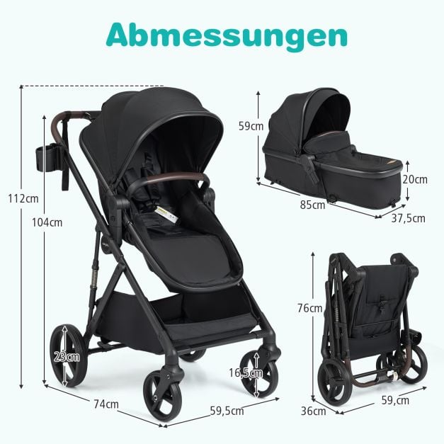 Poussette 3-en-1 Coast – Nacelle réversible – 59,5 x 74 x 112 cm – Noir
