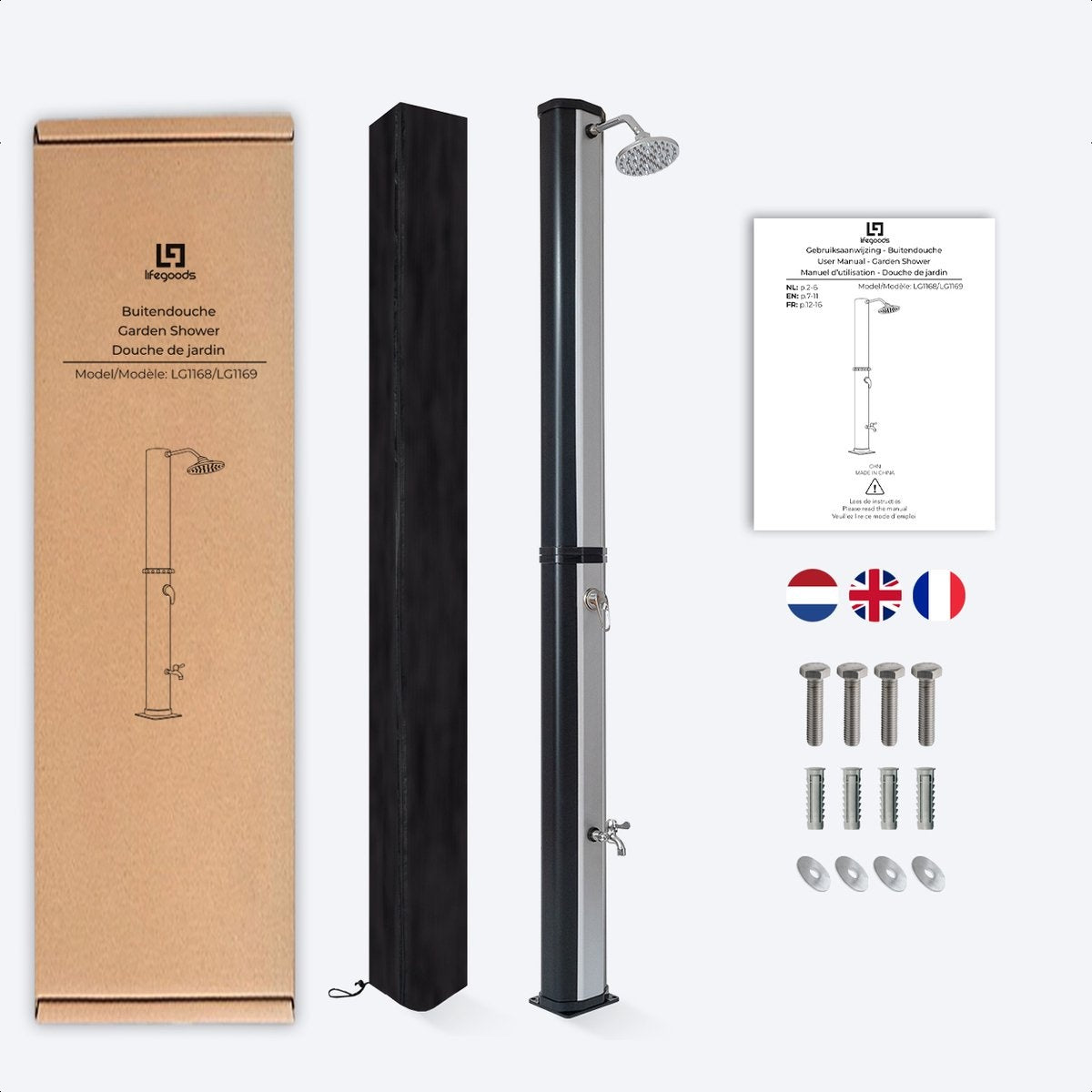 LifeGoods Douche extérieure - solaire - pommeau de douche rotatif à 360° - 35L - Noir/Argent