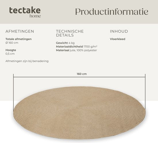 tectake® Tapis tressé - Style Boho - Tapis en jute pour l'intérieur et l'extérieur - Durable et facile d'entretien - Maintien des formes et respectueux des allergies - Tapis rond - Ø160 cm
