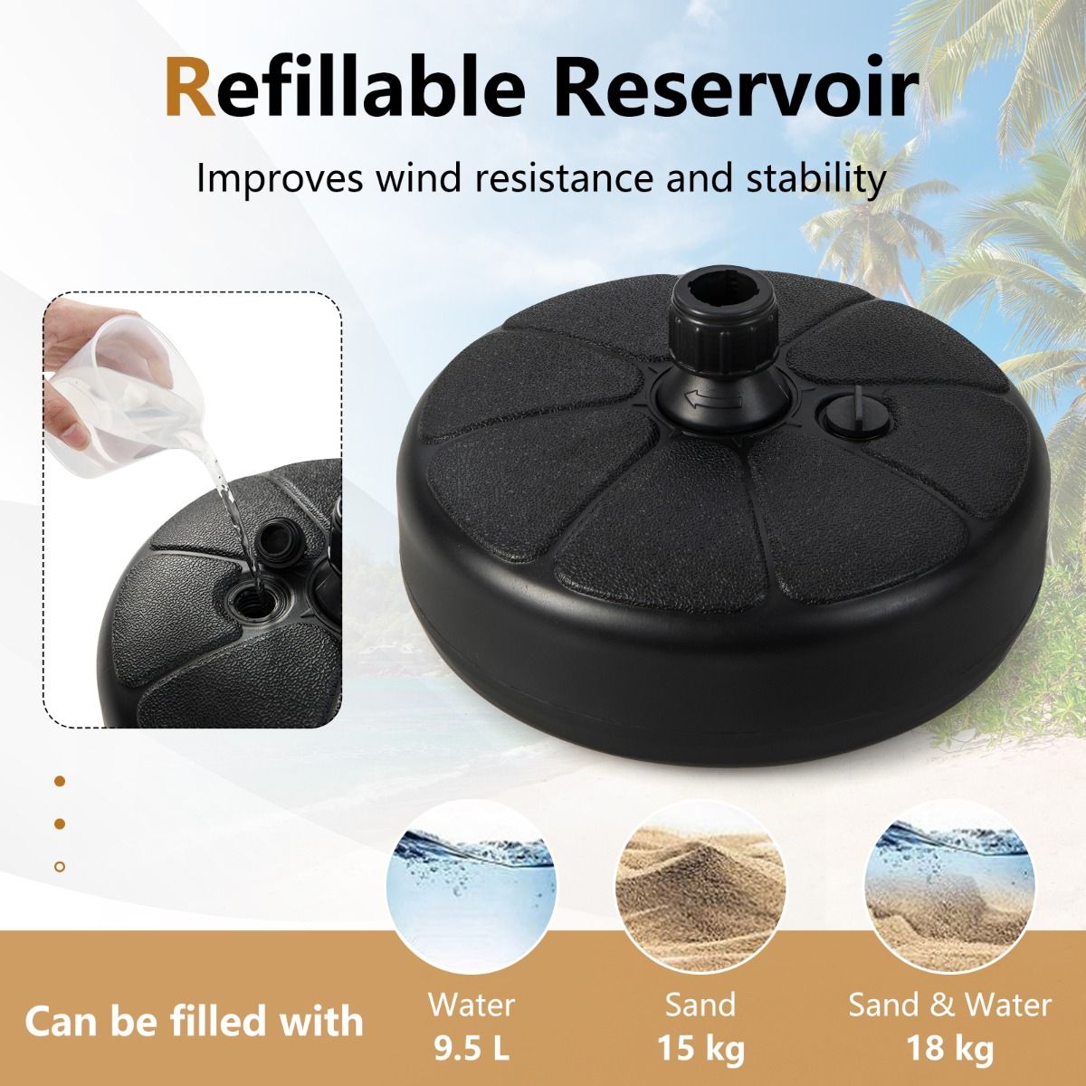 Base de parasol Coast Outdoor - Pour mâts de parasol Φ38mm - HDPE - 37 x 19 cm - Noir