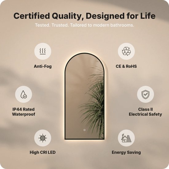 Miroir de salle de bains Mirlux avec éclairage LED et chauffage – Miroir mural Arch – Miroir de douche anti-buée – 45 x 100 cm