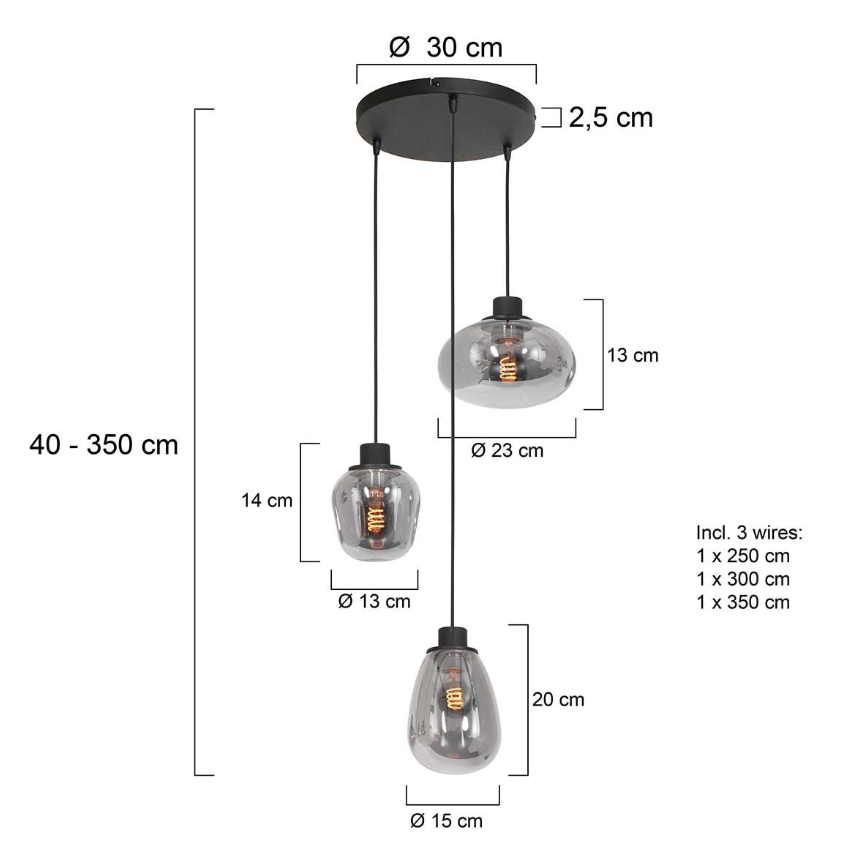 Steinhauer - Lampe suspendue Reflexion - 3079ZW - 3-Lumières - Noir & verre fumé - Ø40 cm - Max. 350 cm de haut - Raccord E27 - Design moderne