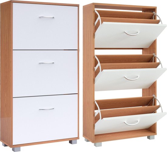 Armoire à chaussures - 3 volets - 115x60x24cm - 18 paires Hêtre/Blanc