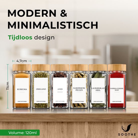 Soothe 48 pots à épices carrés en verre avec couvercle en bambou - 2 types de couvercles à saupoudrer - Spice Spreader - pots à épices - Set complet avec stickers à épices, stick à craie et accessoires - 120ml