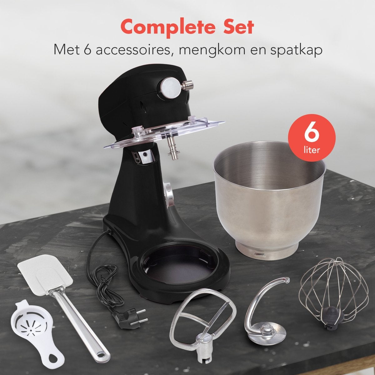 KitchenBrothers Food Processor - Batteur de cuisine avec bol en acier inoxydable de 6L - 1800W - Noir
