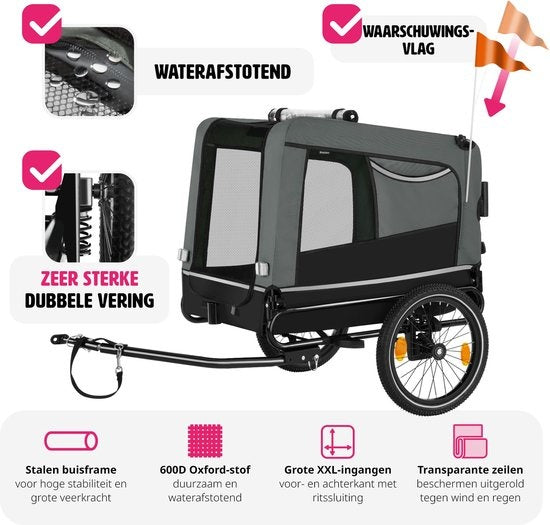 tectake® - Remorque vélo WoofRider pour chien - gris - pliable, jusqu'à 40 kg - buggy pour chien - 404947