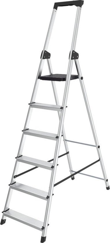 BRASQ Échelle ménagère 6 marches argent - Échelle de cuisine pliable en aluminium pour usage privé et professionnel - Échelle d'escalier - Antidérapant