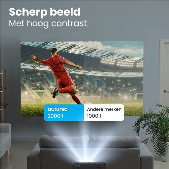 Auronic Beamer 10 000 Lumens - WiFi - 1080P Full HD - Streaming depuis votre téléphone - Smart Mini Beamer - IOS & Android - Câble HDMI - Télécommande et écran de projection - Noir