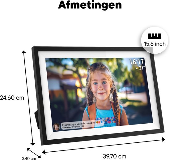 Cadre photo numérique Denver 15,6 pouces - XL - Full HD - Frameo App - Cadre photo - WiFi - 16GB - IPS Touchscreen - PFF1516