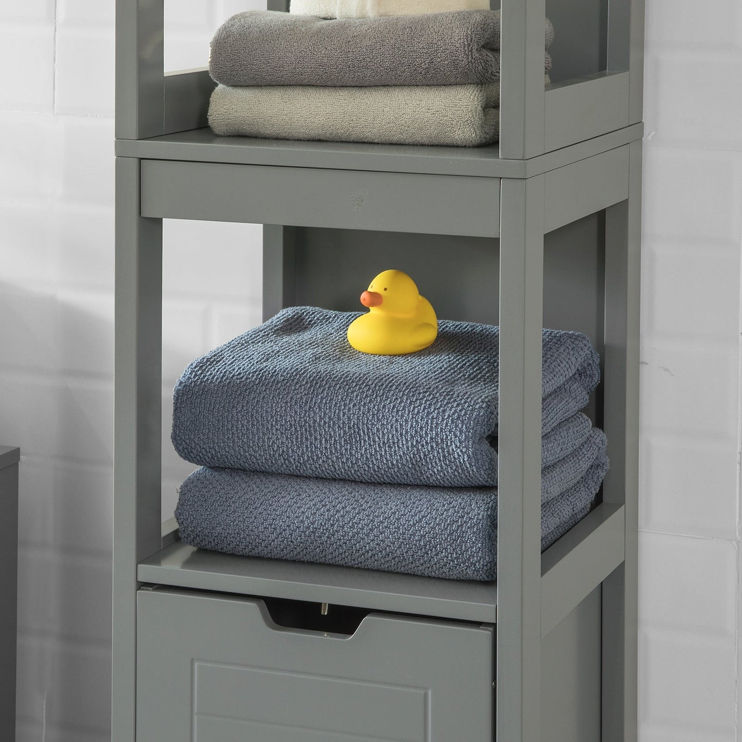 SoBuy Meuble de salle de bain haut avec repose-pieds - 2 tiroirs - Gris - 30x30x145cm