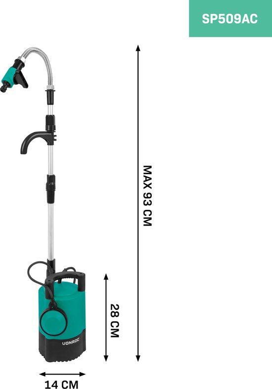 Pompe pour tonneau de pluie - VONROC - 400W - 5200 lt/h - avec protection contre la marche à sec - flotteur réglable - connecteur universel pour tuyau d'arrosage - câble de 10 mètres