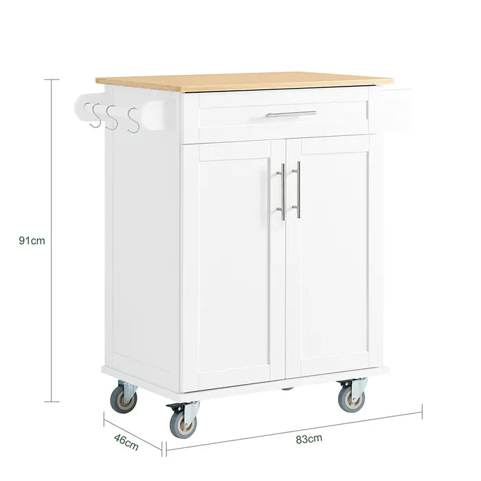 Chariot de cuisine blanc/bambou - 83 x 46 x 91 cm - Avec tiroir et roulettes