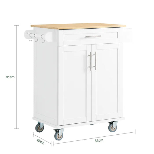 Chariot de cuisine blanc/bambou - 83 x 46 x 91 cm - Avec tiroir et roulettes