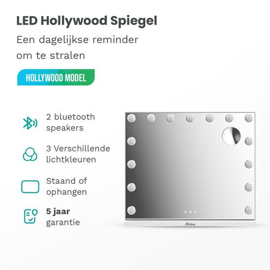 Mirlux Hollywood Mirror 58x48CM - Bluetooth Mirror with 2 Speakers - Make Up Mirror with Lighting - 15x LED Lamps - 3 Light Modes - 10x Magnification - Hollywood Mirror with USB & USB-C - Luxury White Make-Up Mirror for Dressing Table or Bathroom