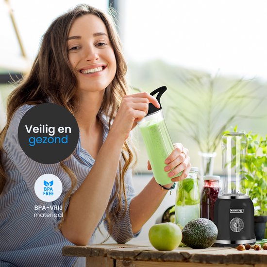 KitchenApp Blender to go - Mixeur rétro - Smoothie maker - Comprend deux tasses et de nombreux accessoires - Noir