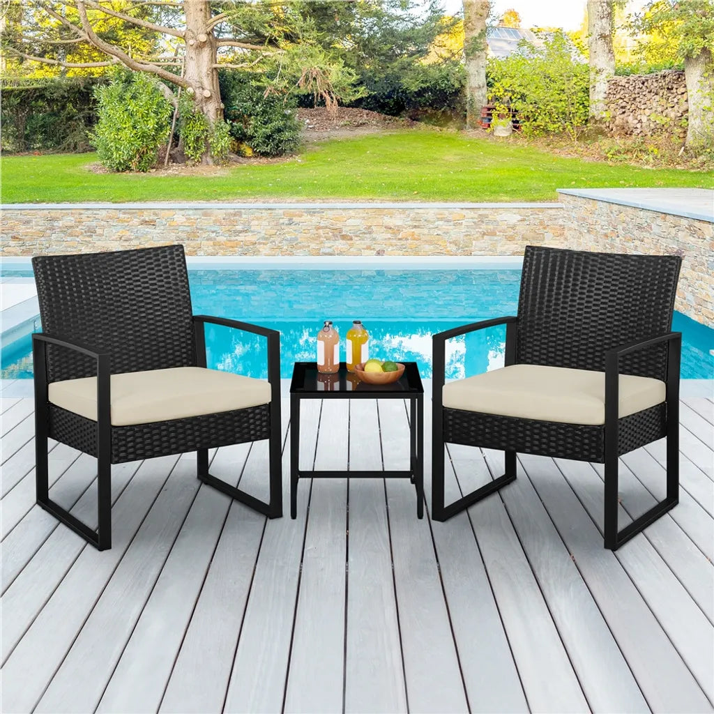 Ensemble de mobilier de jardin Yaheetech 3 pièces - Noir/Beige - Ensemble de balcon en polyrotin avec table d'appoint et plateau en verre