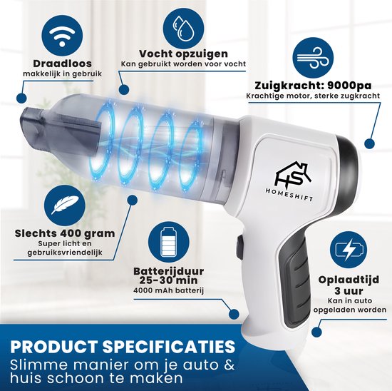 HomeShift® Aspirateur de voiture sans fil V2 - Aspirateur à miettes - Aspirateur à main - Petit aspirateur - Aspirateur sans fil - Air Duster - Wet & Dry - Gris