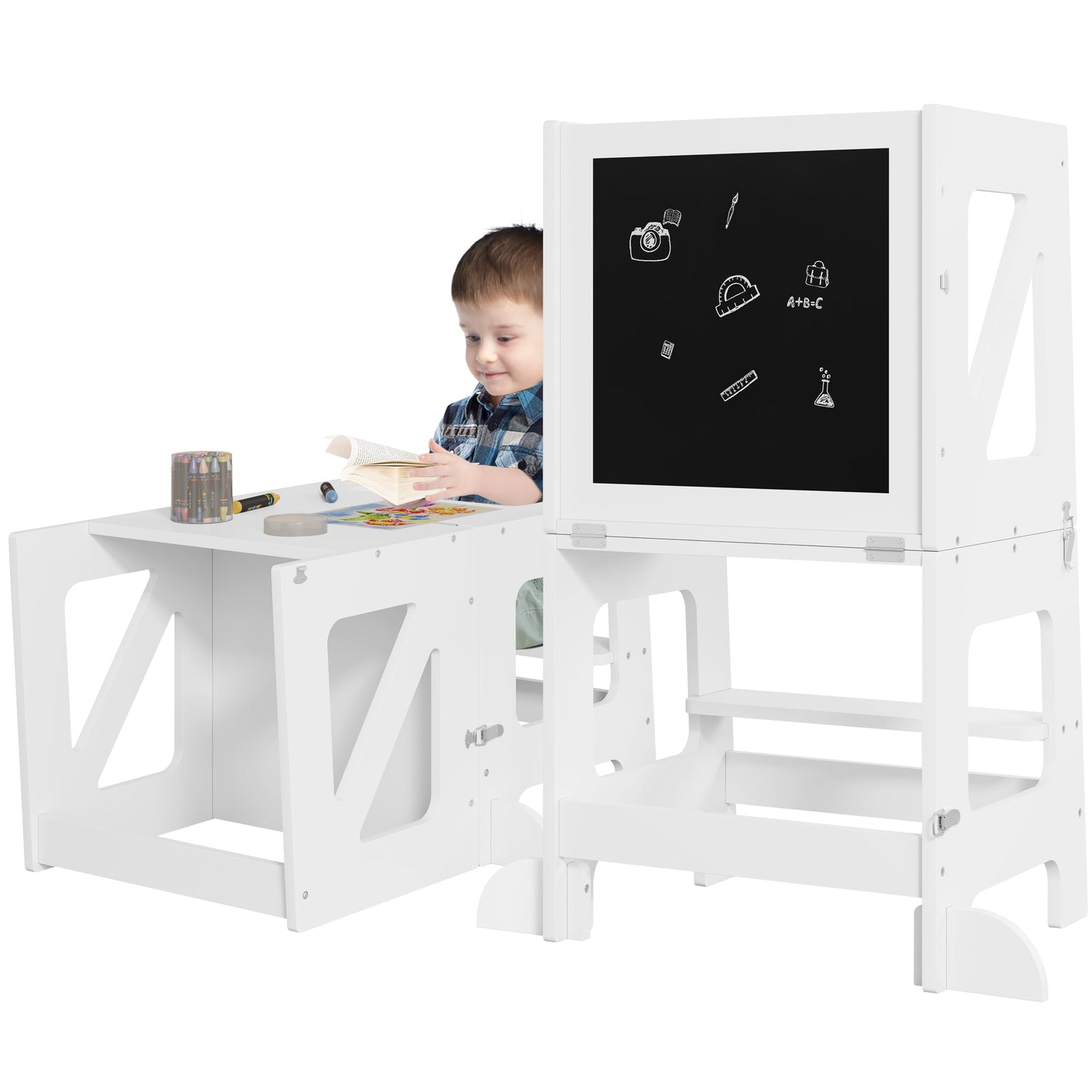 Woltu Learning Tower - 3-en-1 - Pliable - 35 x 86 x 45 cm - Blanc