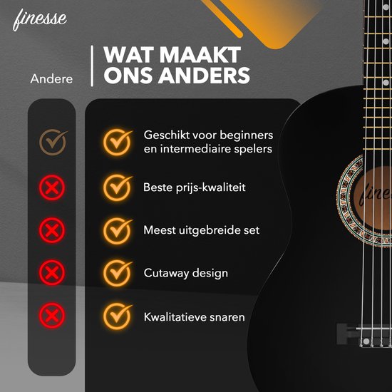 Finesse Acoustic Guitar - Starter Set - Nylon Strings - Guitare classique - Guitare enfant et adulte