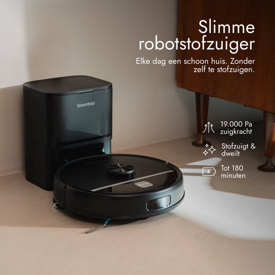 Aspirateur robot Bloomfold avec fonction de lavage et station de vidage - Puissance d'aspiration de 19 000 Pa – Navigation LiDAR - 180 minutes - Aspirateur robot intelligent doté d'une IA - Adapté aux poils d'animaux