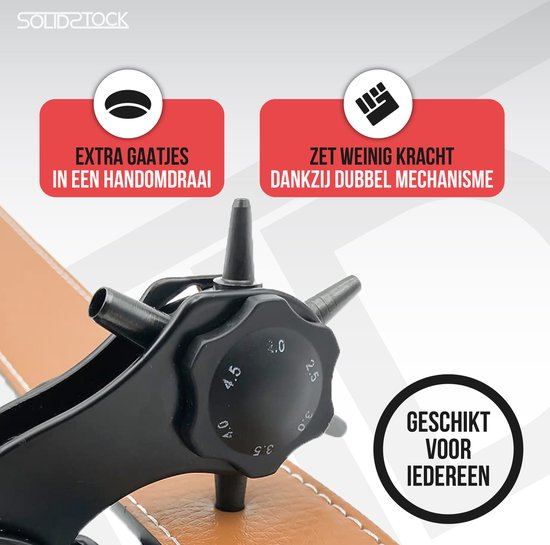 SolidStock Pince à trous pour ceinture - avec bâton de mesure - Pince à perforer - Pince revolver - Pince à trous - Rouge