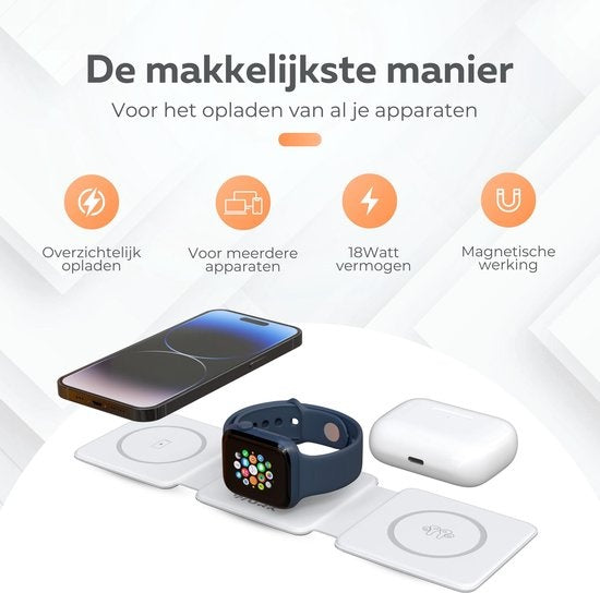 Wurk - Chargeur sans fil 3-en-1 - Comprend un adaptateur de charge rapide - Pliable - Convient à iPhone et Android - 15W