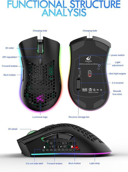 ZIYOU LANG X3 Wireless Gaming Mouse - Souris de jeu RVB en nid d'abeille - Souris de jeu - Noir