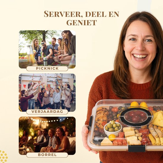 Plateau apéritif Latium en bambou avec couvercle et poignée - Plateau à tapas de luxe - Plateau de service - E-book gratuit inclus - Cadeau de Noël pour femmes ou hommes