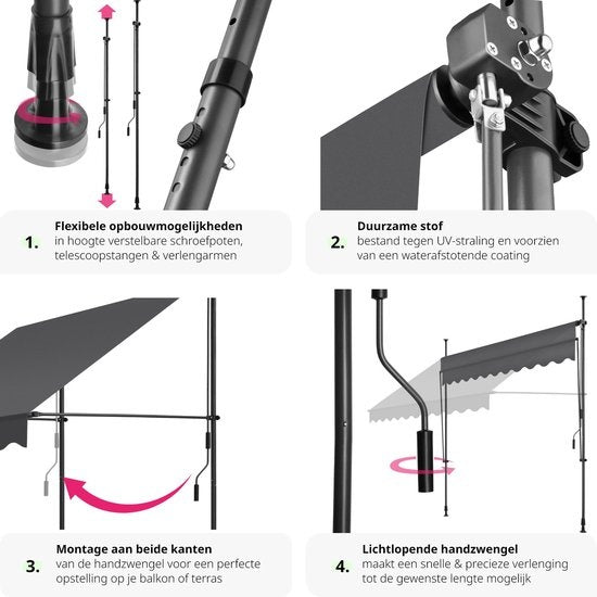 tectake - store à pinces - parasol - store - réglable - store à pinces - parasol balcon - 250 x 120 cm - noir gris - store - 404962