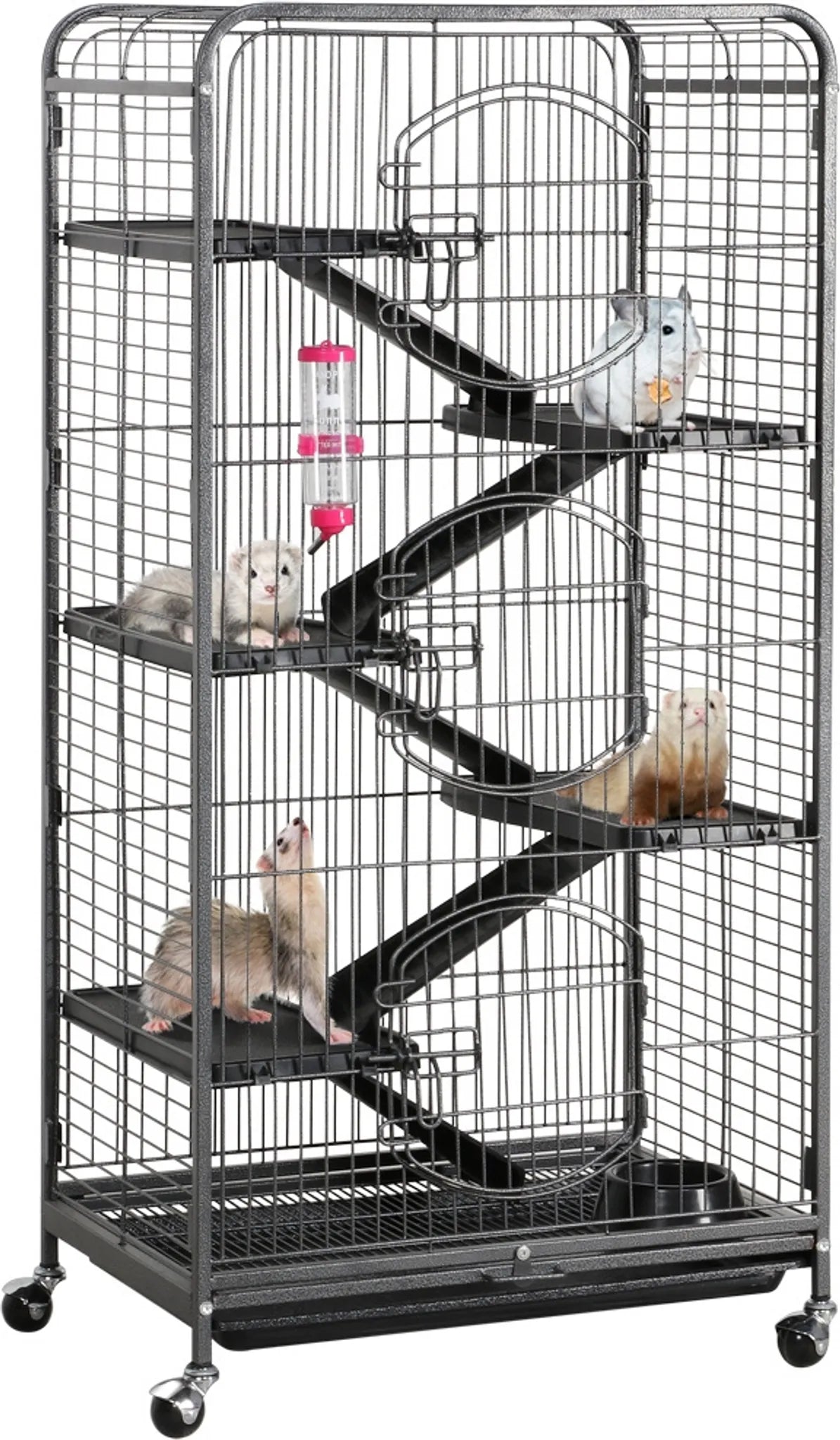 Yaheetech Cage pour rongeurs avec 3 étages - 64 x 43,7 x 131,2 cm - avec 5 rampes et base mobile et tiroir amovible - pour furet et chinchilla - métal noir