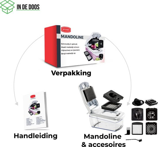 Mandoline Stosh - Coupe-légumes - Coupe-oignons - Coupe-spirale - 7 pièces - Blanc - Sans BPA