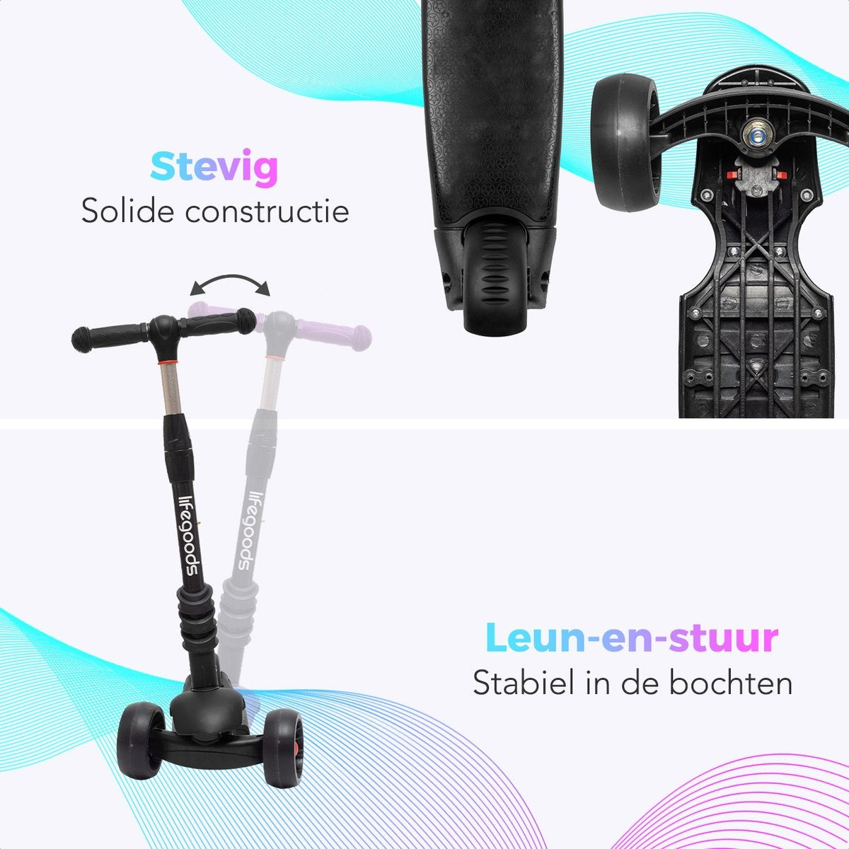 LifeGoods MultiRider Kids Scooter - Step 3-8 Years - Siège ajustable - Luminous Wheels - Boys/Girls - Black