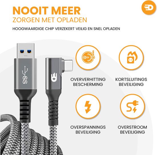 Drivv. Câble USB vers USB C - Angulaire - Modèle 2024 - Câble de données et de charge USB C - Charge rapide / Chargeur rapide - 1,5 mètre court - Convient à Samsung, iPhone 15 et plus - Gris