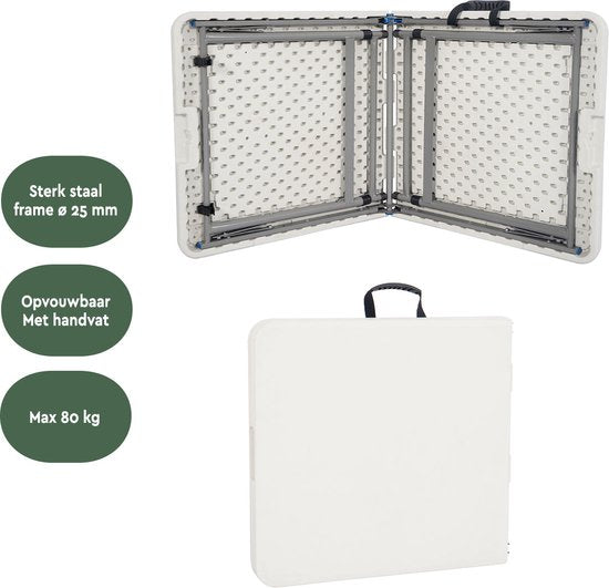 BRASQ Table pliante blanche - 120x60x74cm - Table de camping - Table pliante - Pliable - Résistante aux intempéries